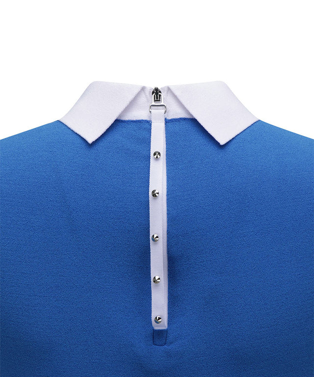 ANEW Golf Women Back Zipper Point Short Sweater in blue, featuring a stylish design with a back zipper and color-matching collar and sleeves.